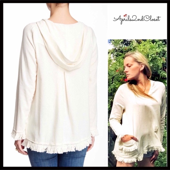 BOHO HOODIE FRINGE TRIM PULLOVER TUNIC TOP - Picture 8 of 8